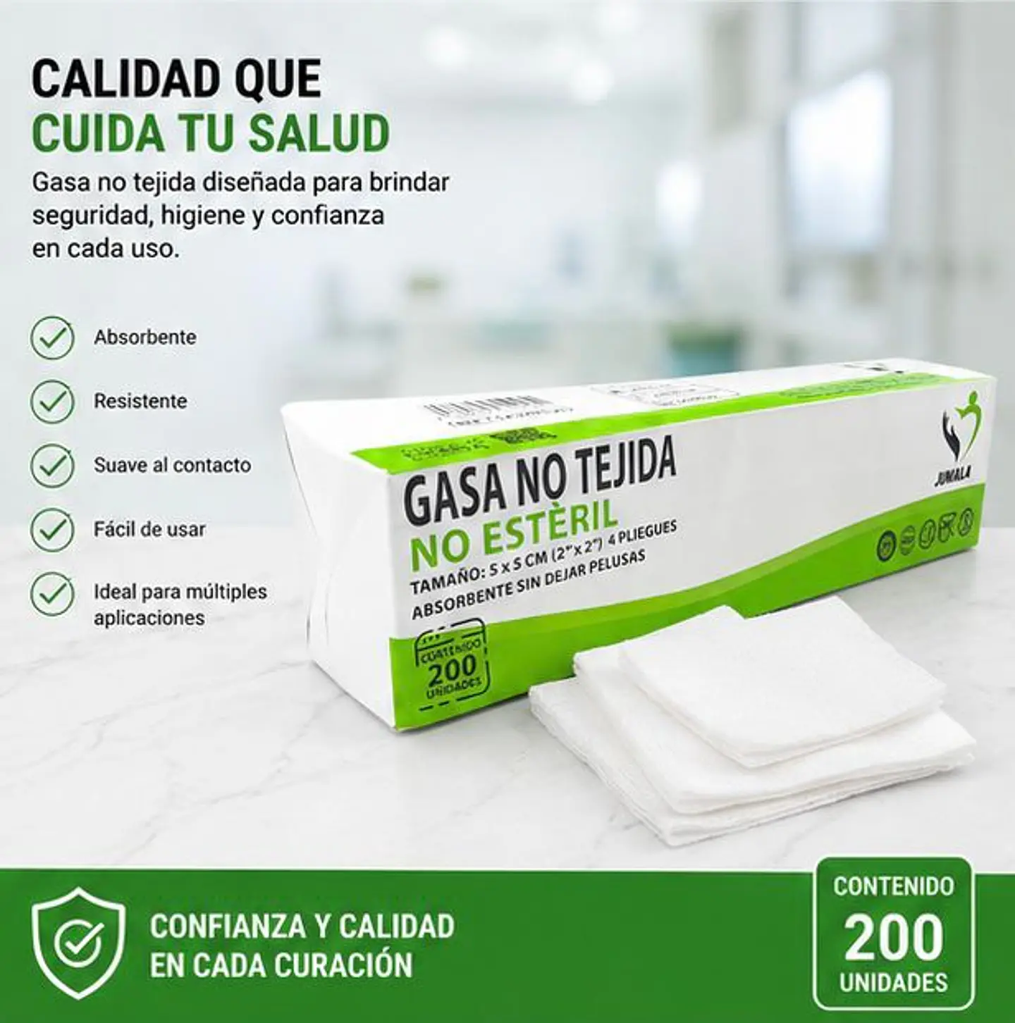 Gasa No Tejida No Estéril 5 x 5 cm 4 Pliegues Jumala – Embalaje 40.000 Unidades (200 Paquetes x 200 Unidades) 2