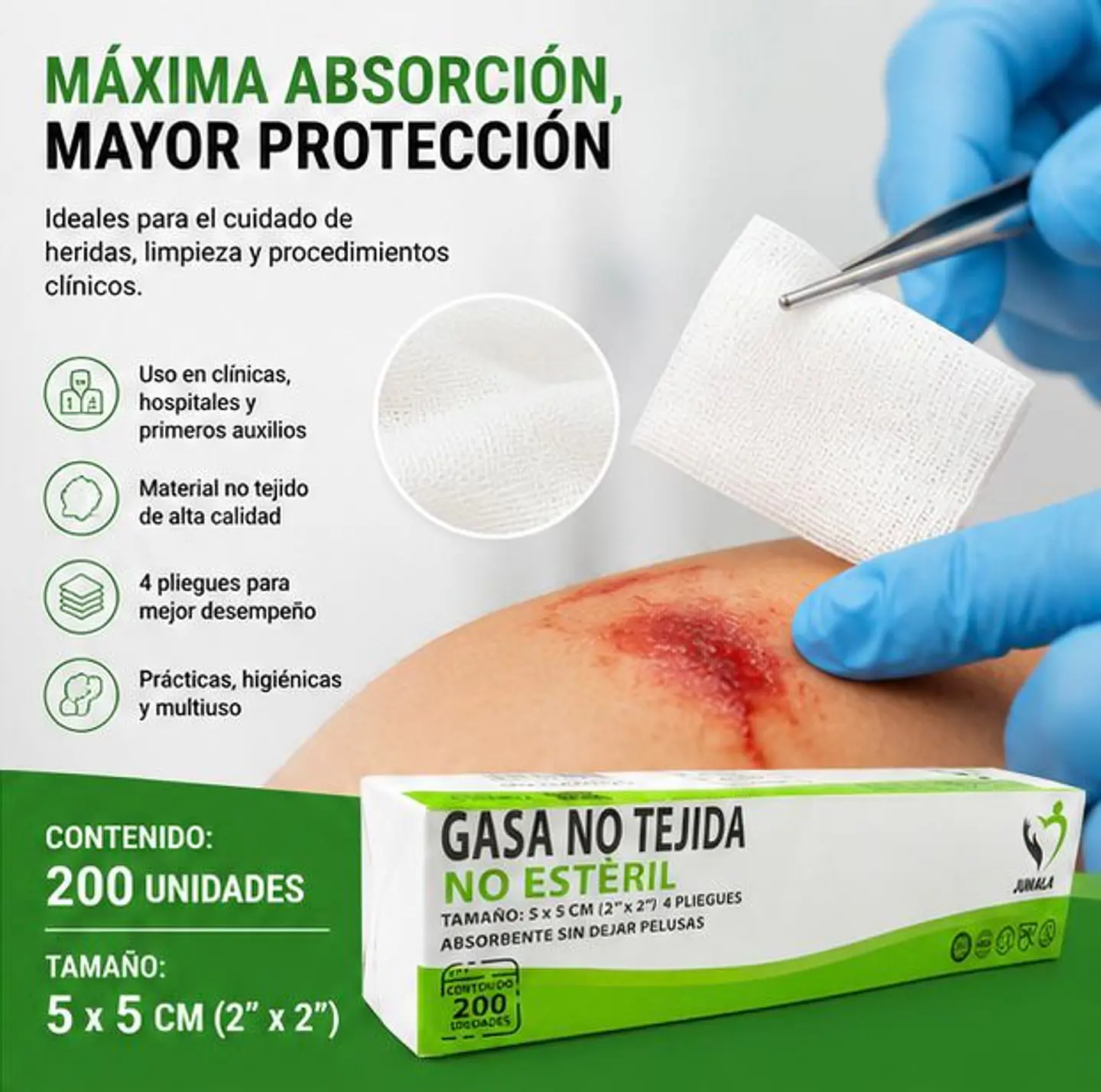 Gasa No Tejida No Estéril 5 x 5 cm 4 Pliegues Jumala – Embalaje 40.000 Unidades (200 Paquetes x 200 Unidades) 3