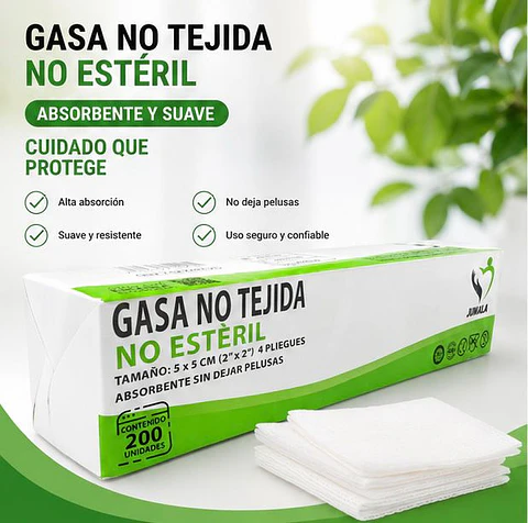Gasa No Tejida No Estéril 5 x 5 cm 4 Pliegues Jumala – Embalaje 40.000 Unidades (200 Paquetes x 200 Unidades)