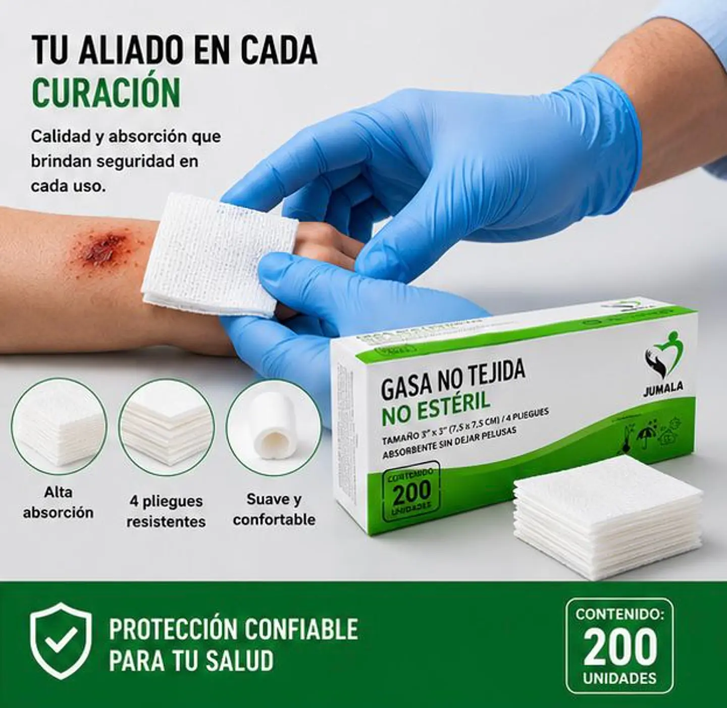 Gasa No Tejida No Estéril 7.5 x 7.5 cm 4 Pliegues Jumala – Embalaje 10.000 Unidades (50 Paquetes x 200 Unidades) 2
