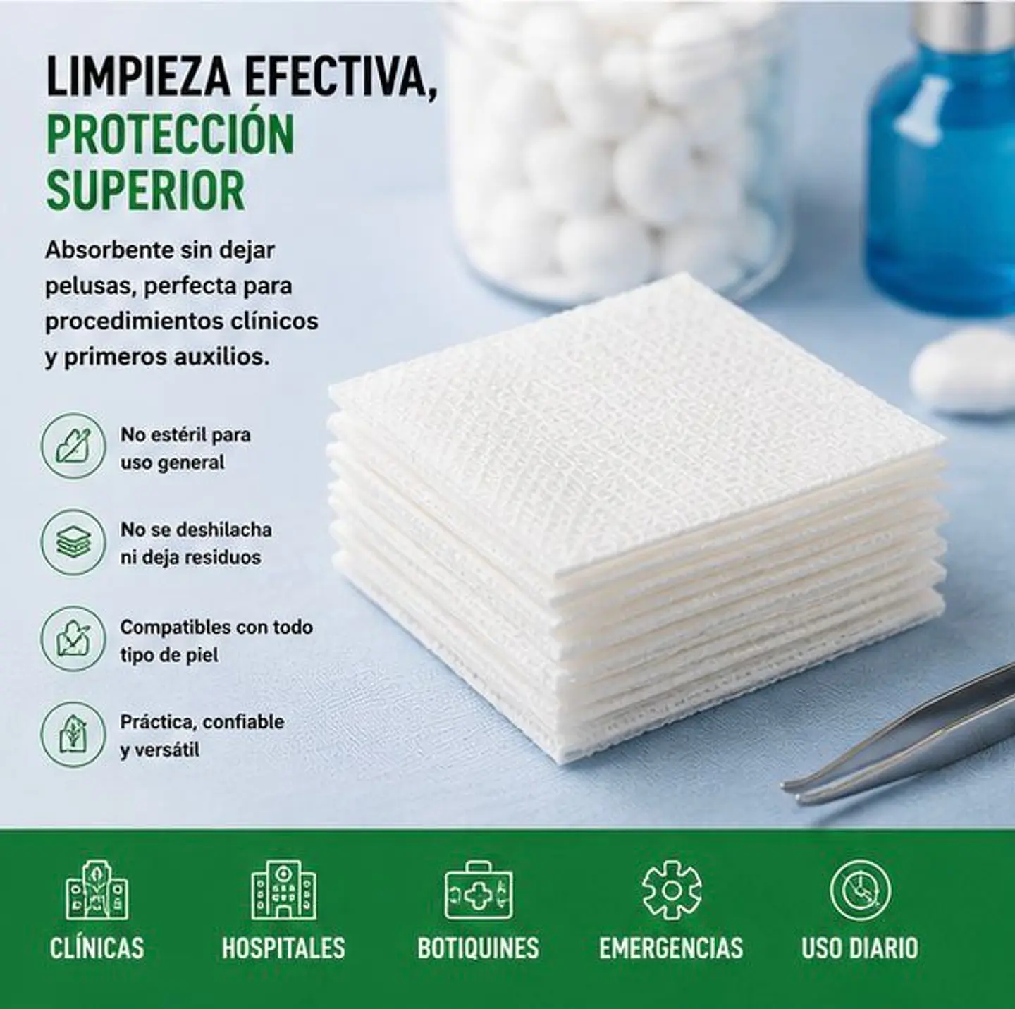 Gasa No Tejida No Estéril 7.5 x 7.5 cm 4 Pliegues Jumala – Embalaje 10.000 Unidades (50 Paquetes x 200 Unidades) 4