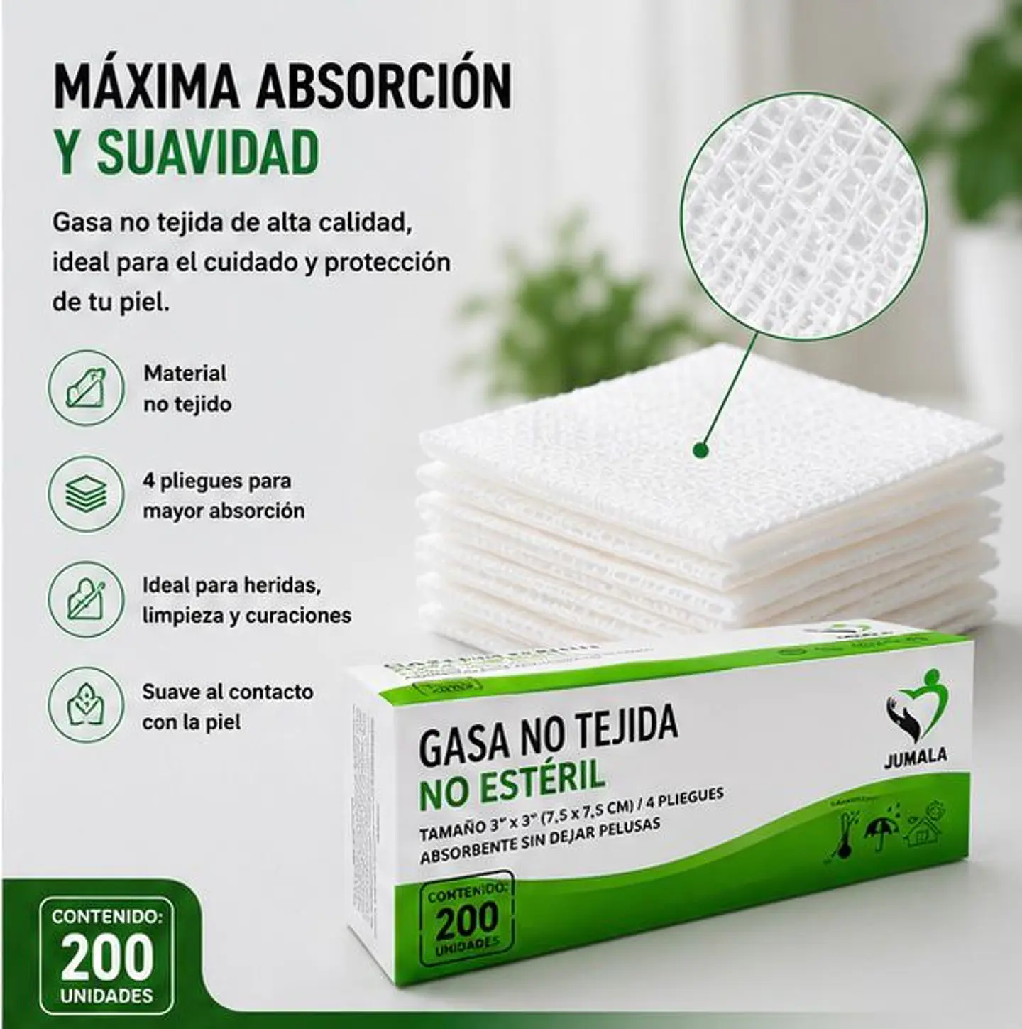 Gasa No Tejida No Estéril 7.5 x 7.5 cm 4 Pliegues Jumala – Embalaje 10.000 Unidades (50 Paquetes x 200 Unidades) 3