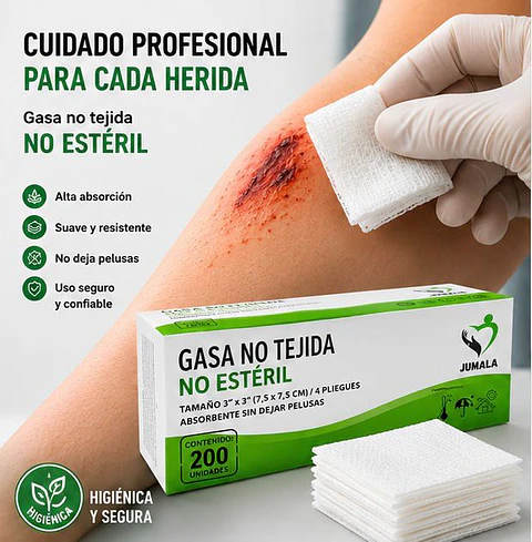 Gasa No Tejida No Estéril 7.5 x 7.5 cm 4 Pliegues Jumala – Embalaje 10.000 Unidades (50 Paquetes x 200 Unidades)