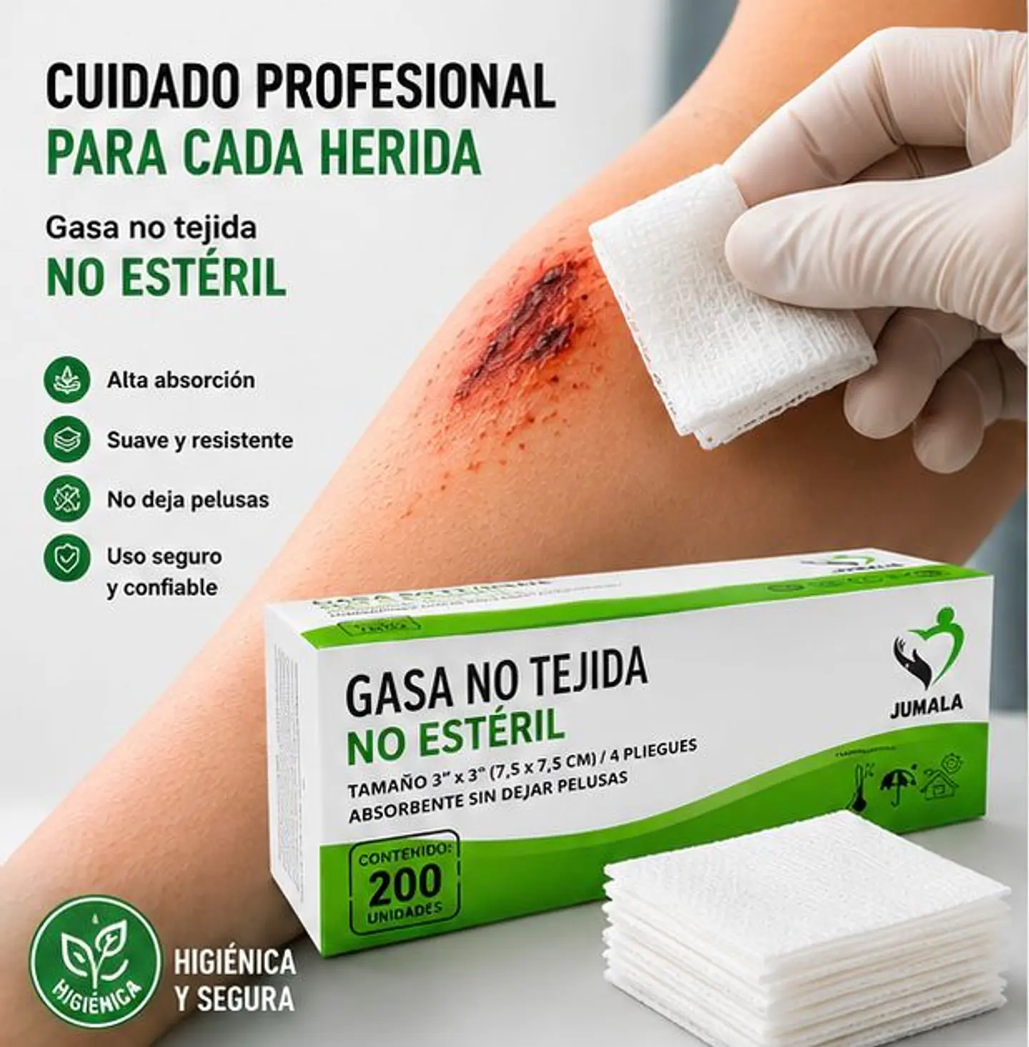 Gasa No Tejida No Estéril 7.5 x 7.5 cm 4 Pliegues Jumala – Embalaje 10.000 Unidades (50 Paquetes x 200 Unidades) 1