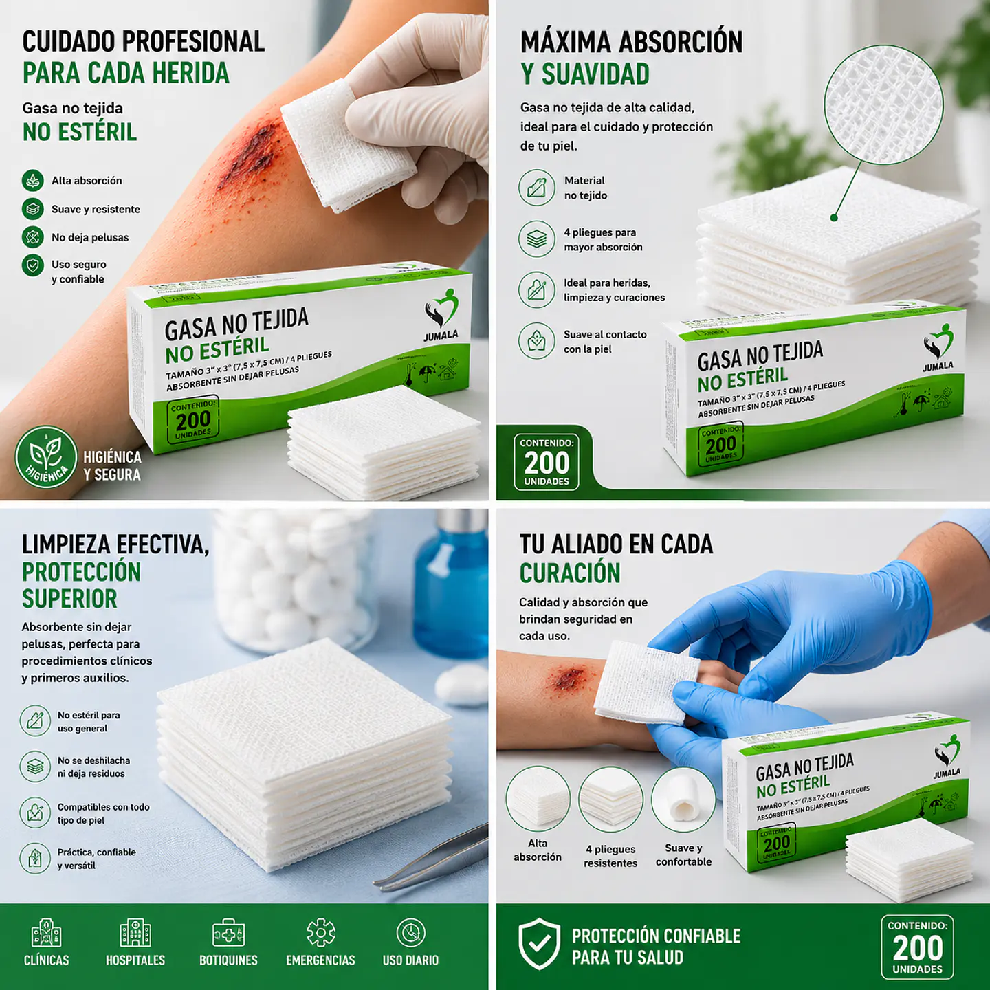 Gasa No Tejida No Estéril 7.5 x 7.5 cm 4 Pliegues Jumala – Embalaje 10.000 Unidades (50 Paquetes x 200 Unidades) 5