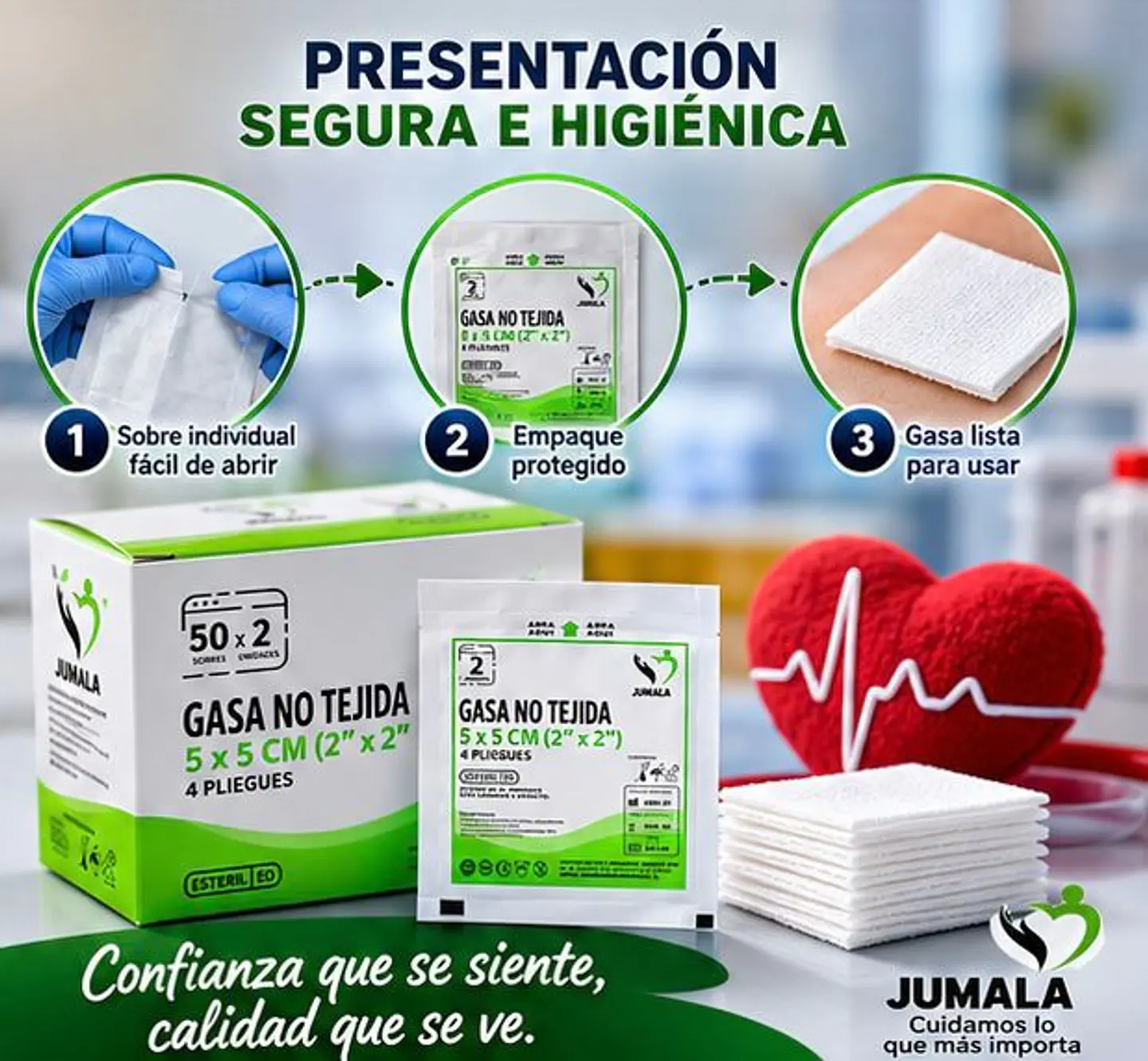 Gasa No Tejida Estéril 5 x 5 cm 4 Pliegues Jumala – Embalaje 2.500 Unidades (50 cajas x 50 Sobres) 4