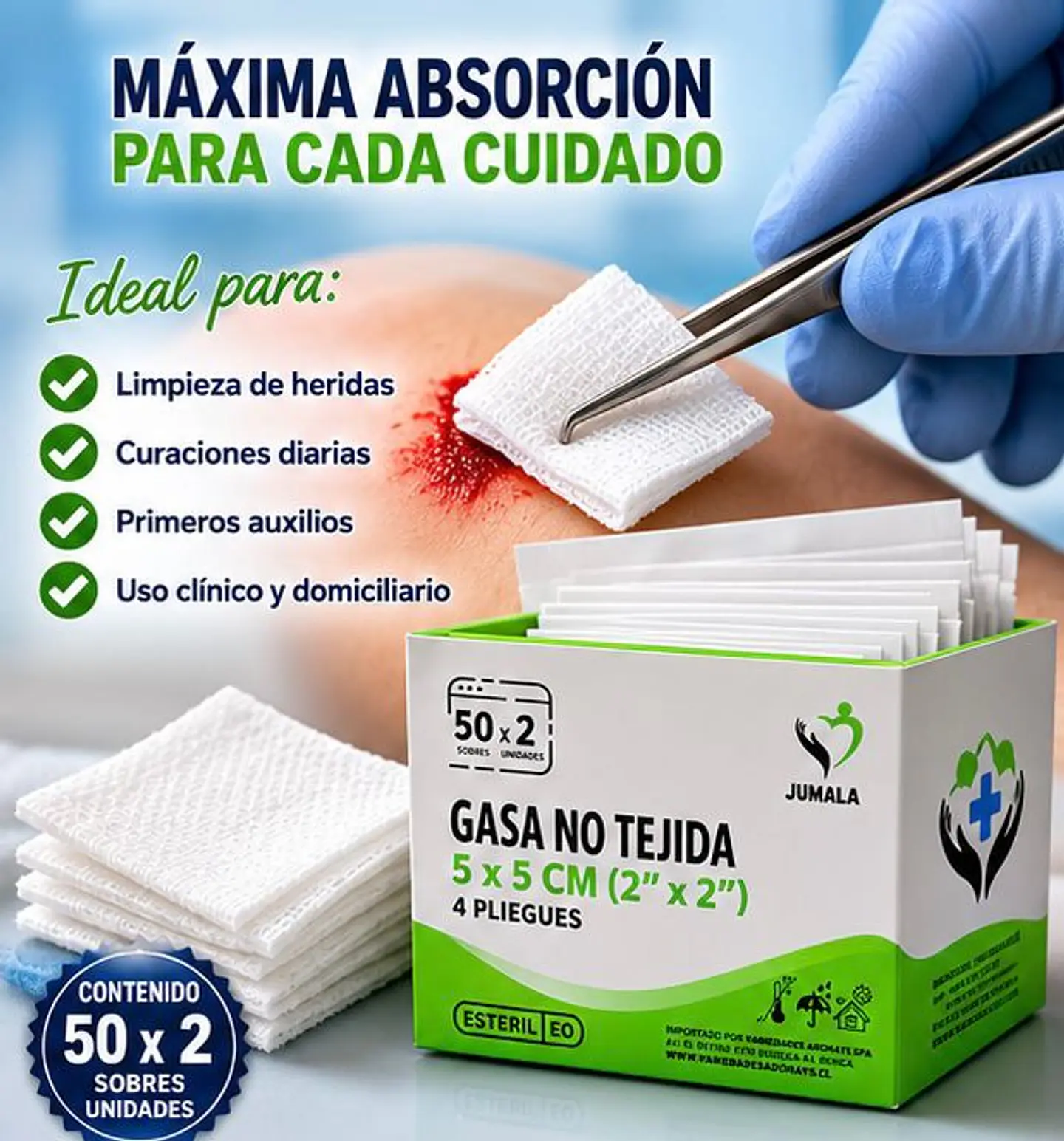 Gasa No Tejida Estéril 5 x 5 cm 4 Pliegues Jumala – Embalaje 2.500 Unidades (50 cajas x 50 Sobres) 2