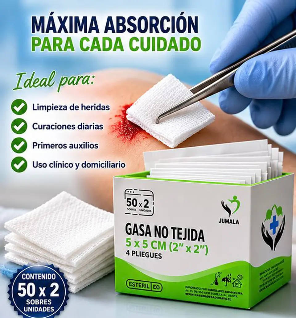 Gasa No Tejida Estéril 5 x 5 cm 4 Pliegues Jumala – Embalaje 2.500 Unidades (50 cajas x 50 Sobres) 2