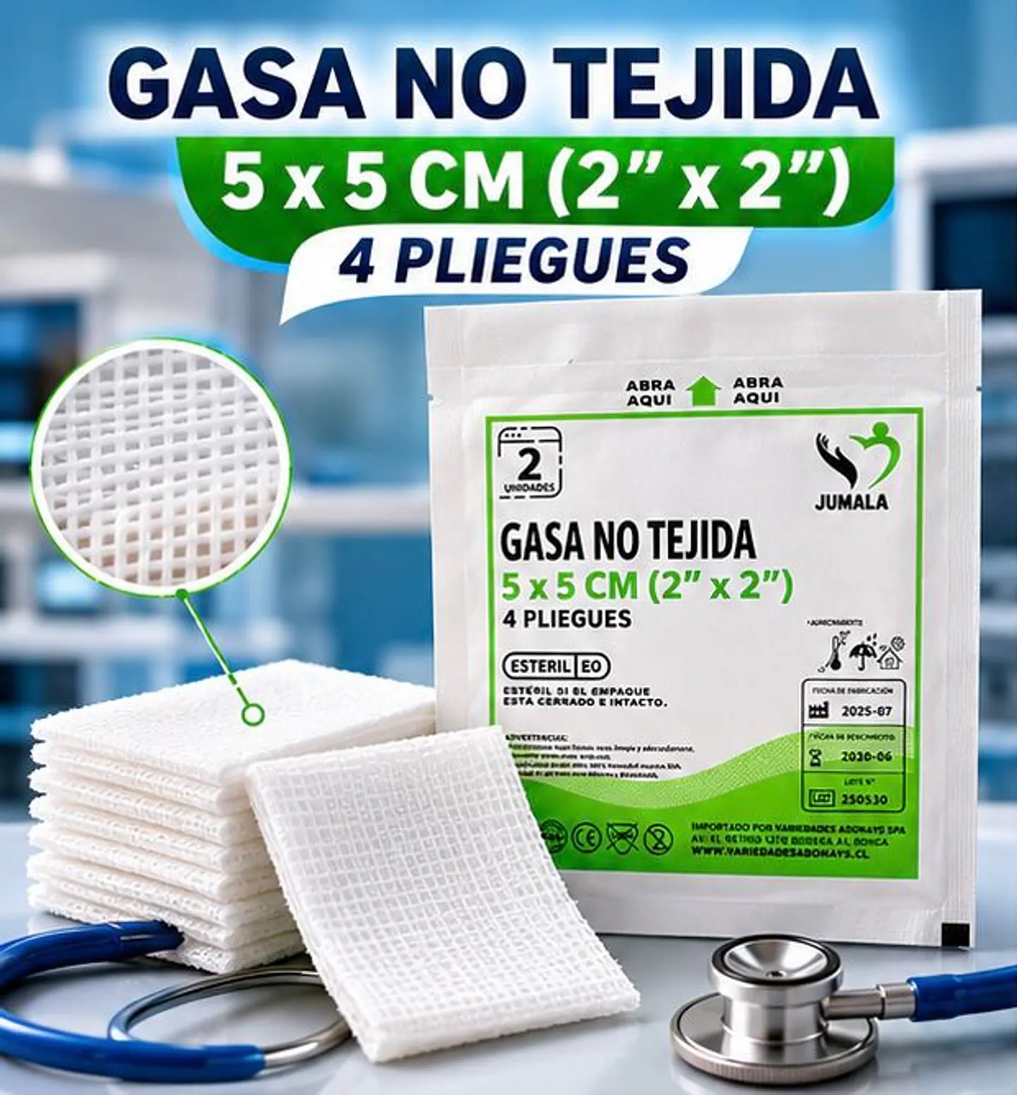 Gasa No Tejida Estéril 5 x 5 cm 4 Pliegues Jumala – Embalaje 2.500 Unidades (50 cajas x 50 Sobres) 1