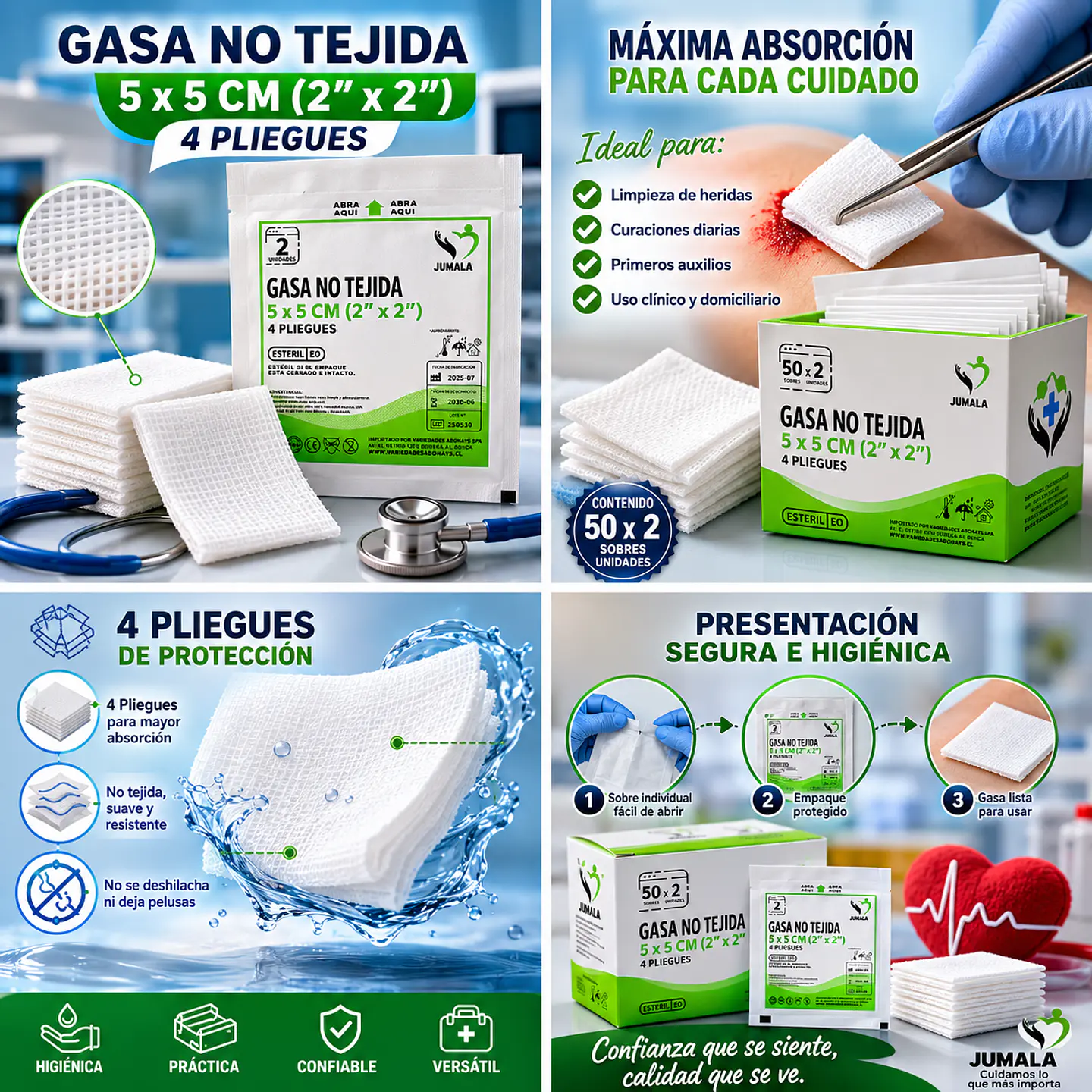 Gasa No Tejida Estéril 5 x 5 cm 4 Pliegues Jumala – Embalaje 2.500 Unidades (50 cajas x 50 Sobres) 5