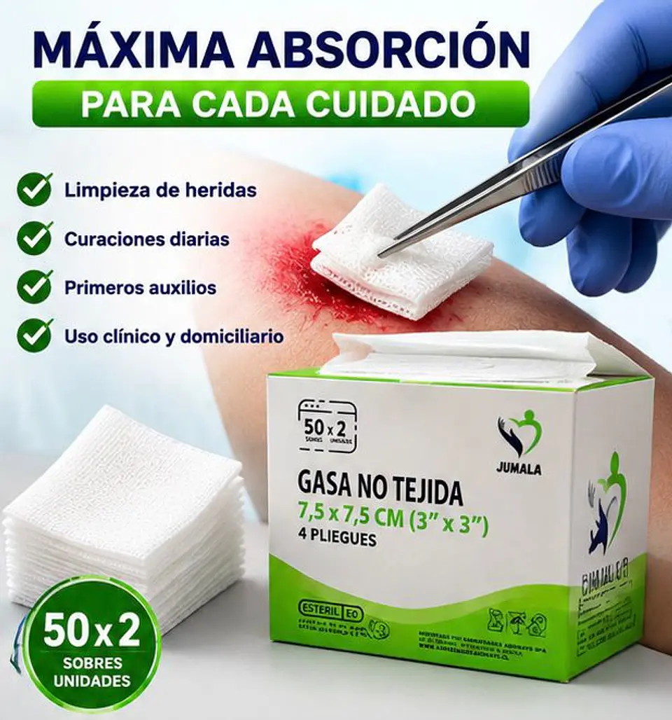 Gasa No Tejida Estéril 7.5 x 7.5 cm 4 Pliegues Jumala – Embalaje 2.000 Unidades (40 Cajas x 50 Sobres) 2