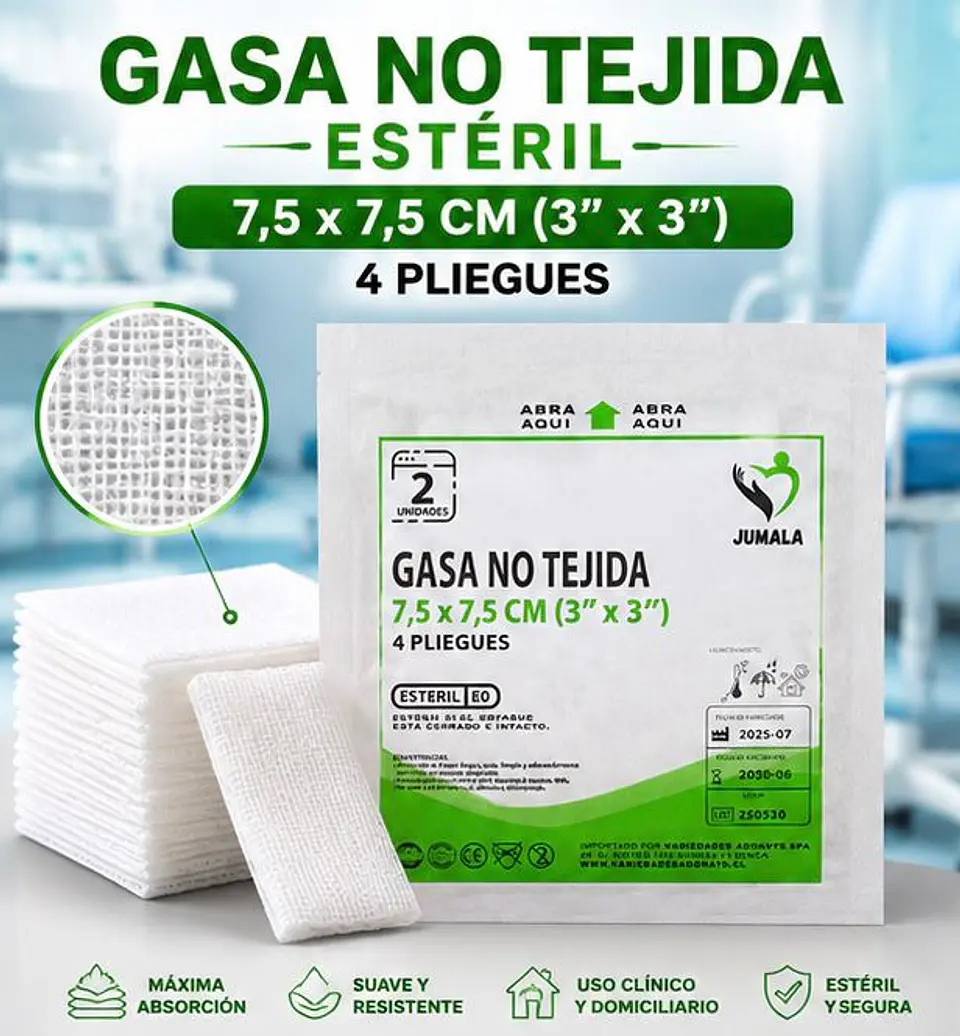 Gasa No Tejida Estéril 7.5 x 7.5 cm 4 Pliegues Jumala – Embalaje 2.000 Unidades (40 Cajas x 50 Sobres) 1