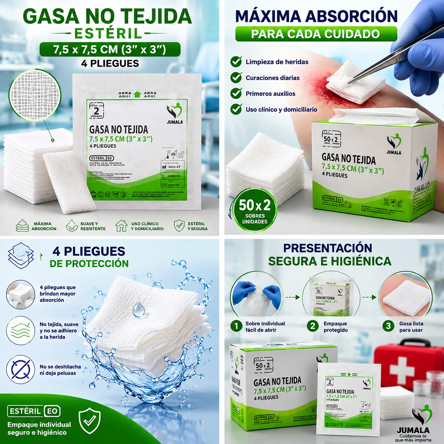 Gasa No Tejida Estéril 7.5 x 7.5 cm 4 Pliegues Jumala – Embalaje 2.000 Unidades (40 Cajas x 50 Sobres) 5