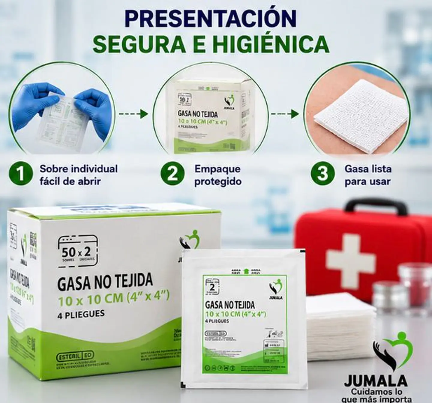 Gasa No Tejida No Estéril 10 x 10 cm 4 Pliegues Jumala – Embalaje 1.000 Unidades (20 Cajas x 50 Unidades) 4