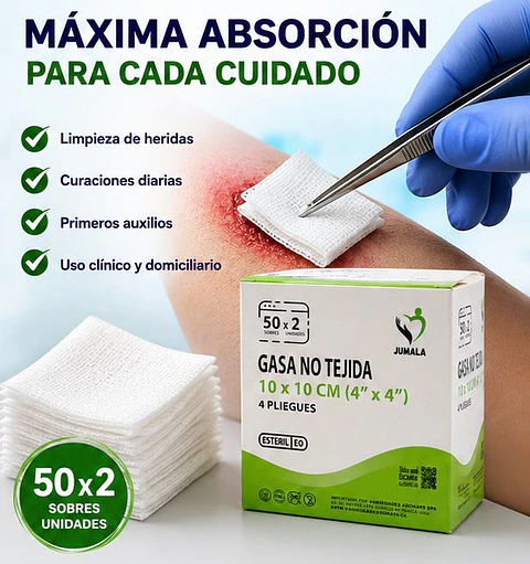 Gasa No Tejida No Estéril 10 x 10 cm 4 Pliegues Jumala – Embalaje 1.000 Unidades (20 Cajas x 50 Unidades)