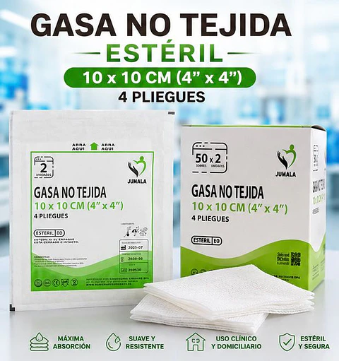 Gasa No Tejida No Estéril 10 x 10 cm 4 Pliegues Jumala – Embalaje 1.000 Unidades (20 Cajas x 50 Unidades)