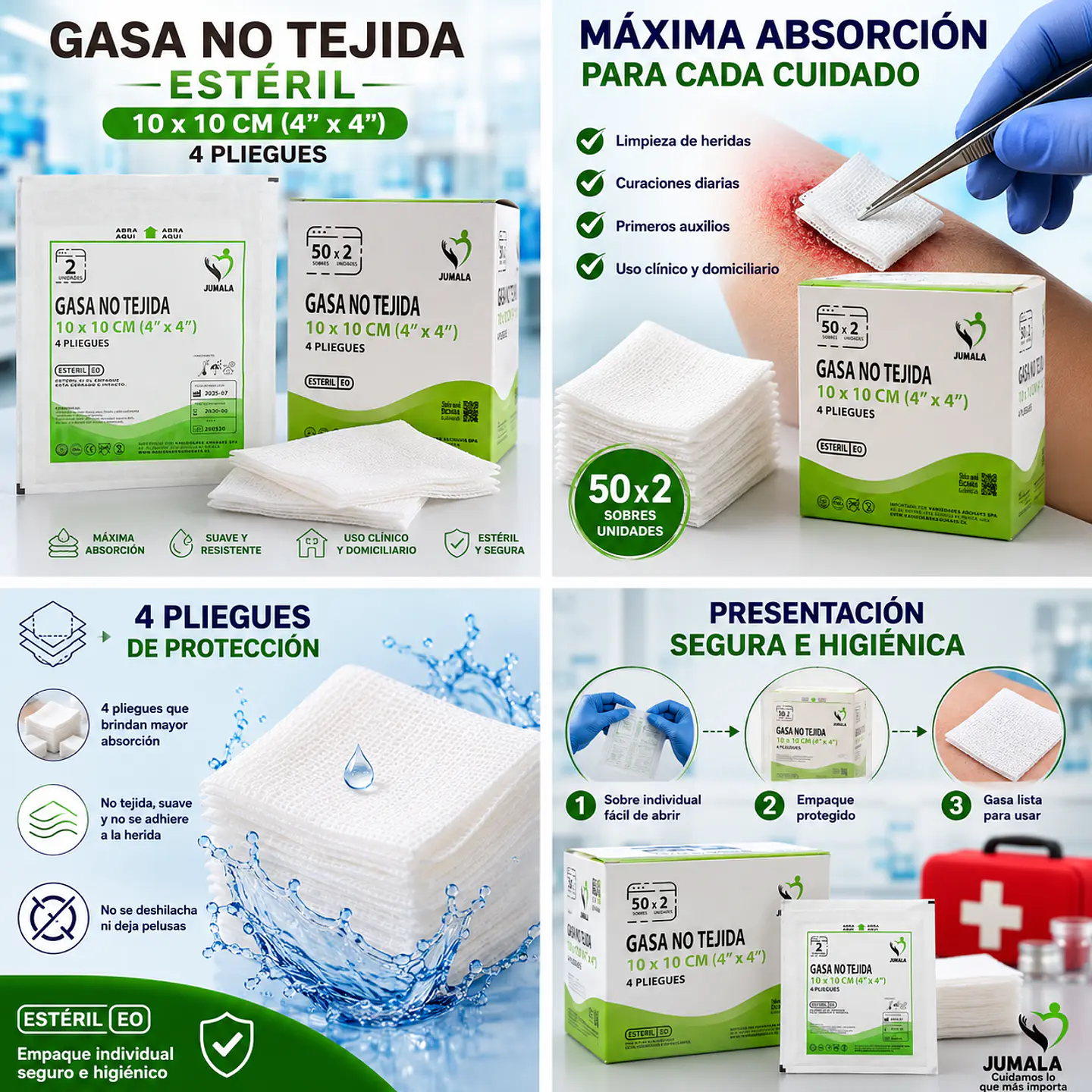 Gasa No Tejida No Estéril 10 x 10 cm 4 Pliegues Jumala – Embalaje 1.000 Unidades (20 Cajas x 50 Unidades) 5