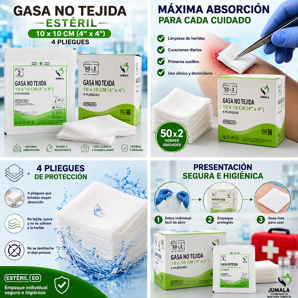 Gasa No Tejida No Estéril 10 x 10 cm 4 Pliegues Jumala – Embalaje 1.000 Unidades (20 Cajas x 50 Unidades) 5