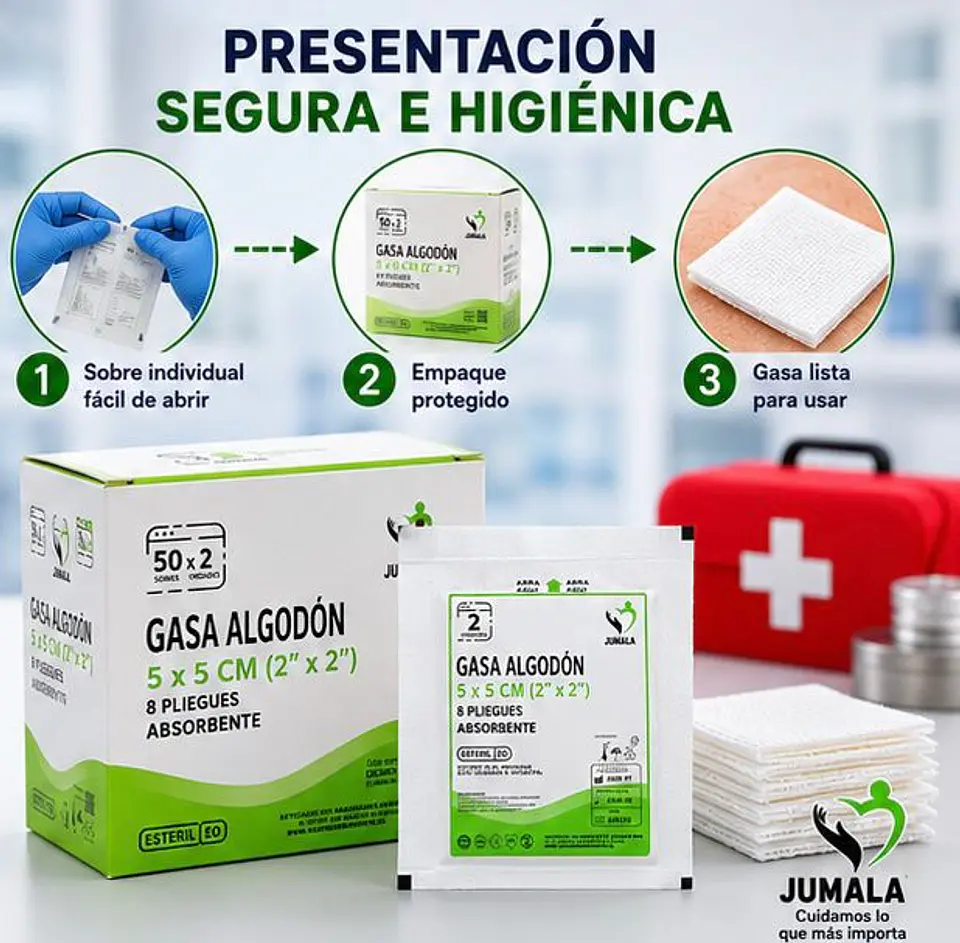 Gasa de Algodón Estéril 5 x 5 cm 8 Pliegues Jumala – Embalaje 2.500 Unidades (50 Cajas x 50 Unidades) 4