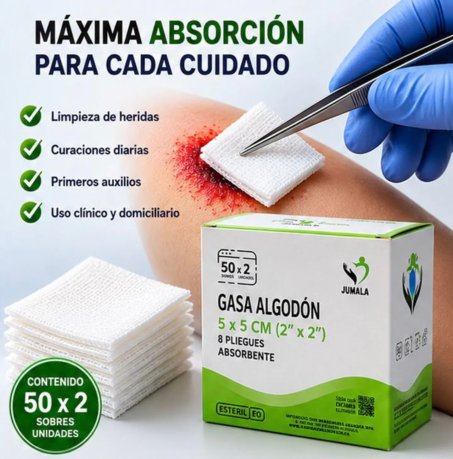Gasa de Algodón Estéril 5 x 5 cm 8 Pliegues Jumala – Embalaje 2.500 Unidades (50 Cajas x 50 Unidades) 2
