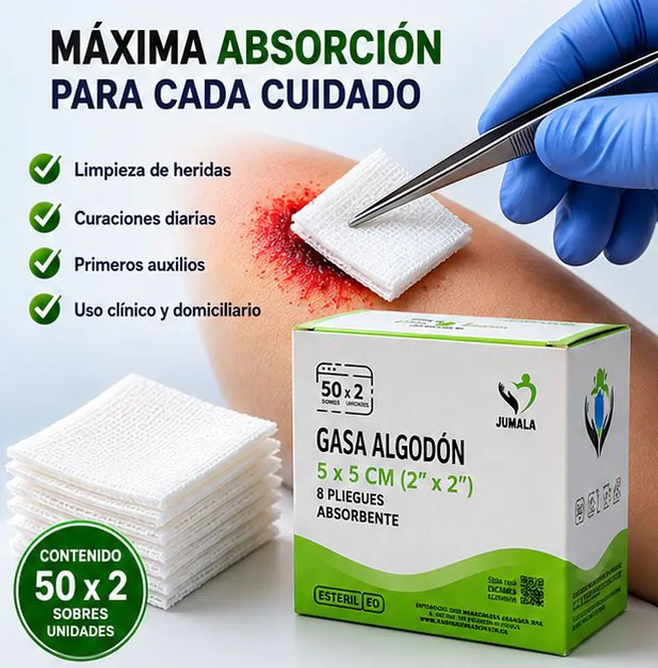 Gasa de Algodón Estéril 5 x 5 cm 8 Pliegues Jumala – Embalaje 2.500 Unidades (50 Cajas x 50 Unidades) 2