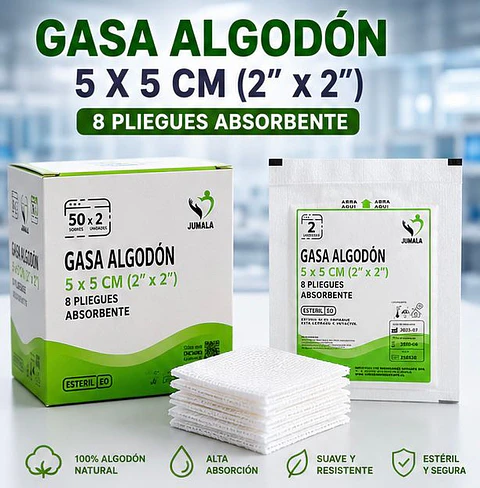 Gasa de Algodón Estéril 5 x 5 cm 8 Pliegues Jumala – Embalaje 2.500 Unidades (50 Cajas x 50 Unidades)