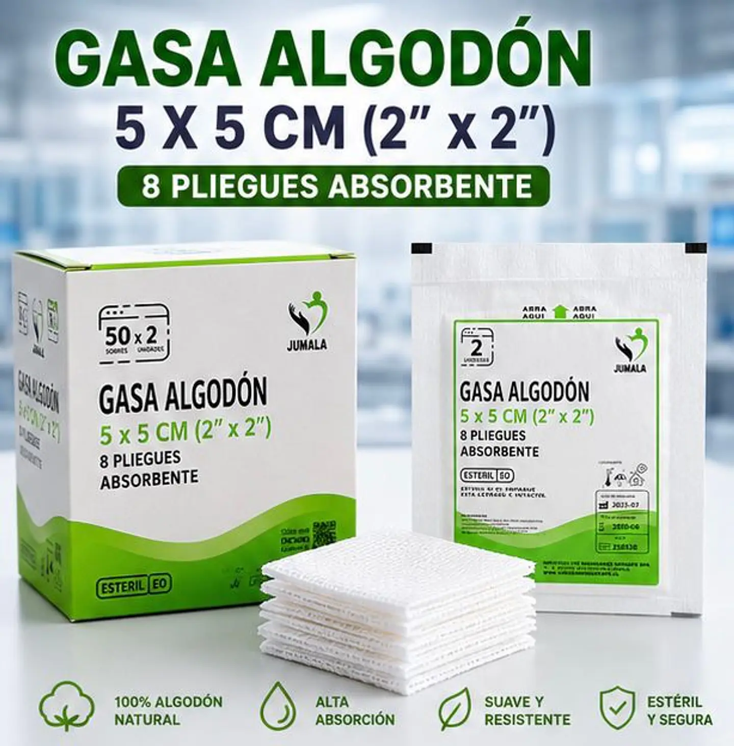 Gasa de Algodón Estéril 5 x 5 cm 8 Pliegues Jumala – Embalaje 2.500 Unidades (50 Cajas x 50 Unidades) 1