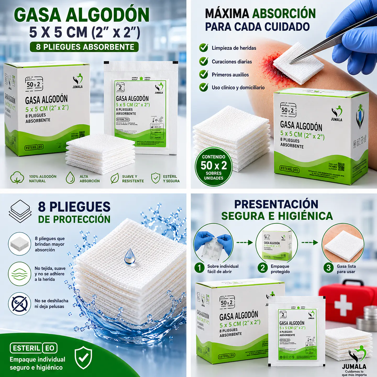 Gasa de Algodón Estéril 5 x 5 cm 8 Pliegues Jumala – Embalaje 2.500 Unidades (50 Cajas x 50 Unidades) 5