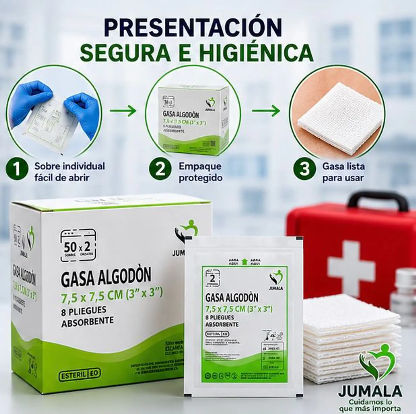 Gasa de Algodón Estéril 7,5 x 7,5 cm 8 Pliegues Jumala – Embalaje 2.000 Unidades (40 Cajas x 50 Sobres) 4