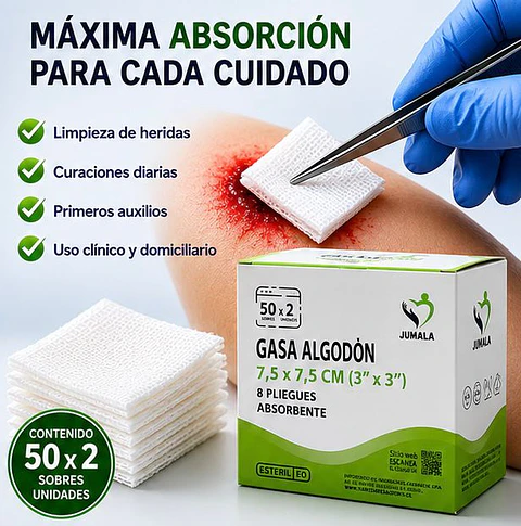 Gasa de Algodón Estéril 7,5 x 7,5 cm 8 Pliegues Jumala – Embalaje 2.000 Unidades (40 Cajas x 50 Sobres)