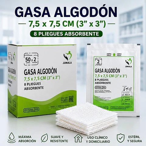 Gasa de Algodón Estéril 7,5 x 7,5 cm 8 Pliegues Jumala – Embalaje 2.000 Unidades (40 Cajas x 50 Sobres)