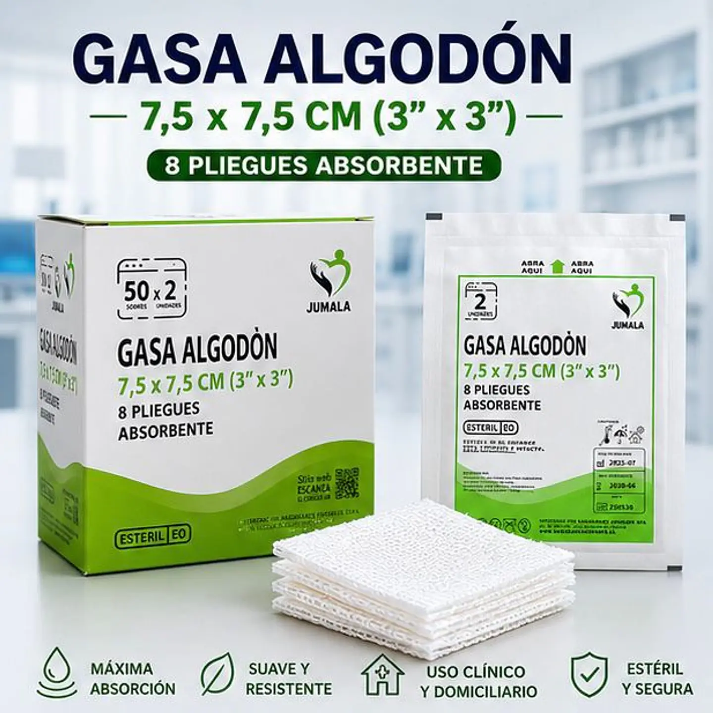 Gasa de Algodón Estéril 7,5 x 7,5 cm 8 Pliegues Jumala – Embalaje 2.000 Unidades (40 Cajas x 50 Sobres) 1