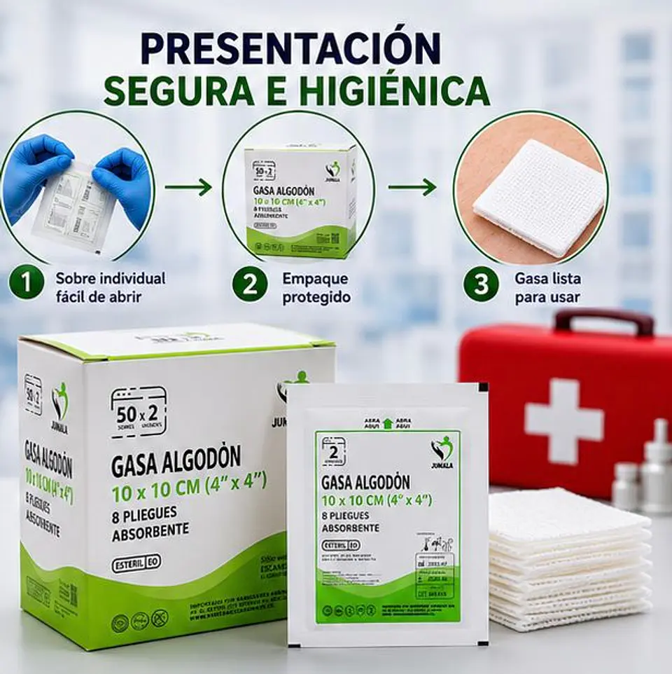 Gasa de Algodón Estéril 10 x 10 cm 8 Pliegues Jumala – Embalaje 1.000 Unidades (20 Cajas x 50 Sobres) 4