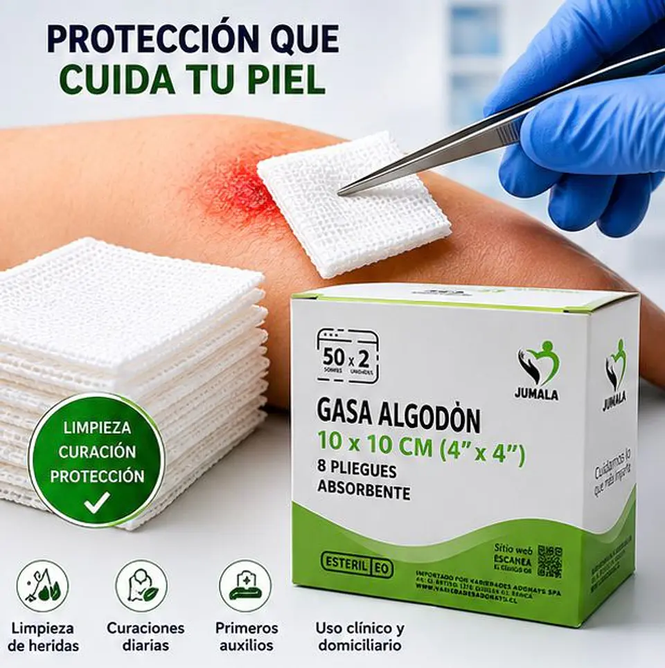 Gasa de Algodón Estéril 10 x 10 cm 8 Pliegues Jumala – Embalaje 1.000 Unidades (20 Cajas x 50 Sobres) 2