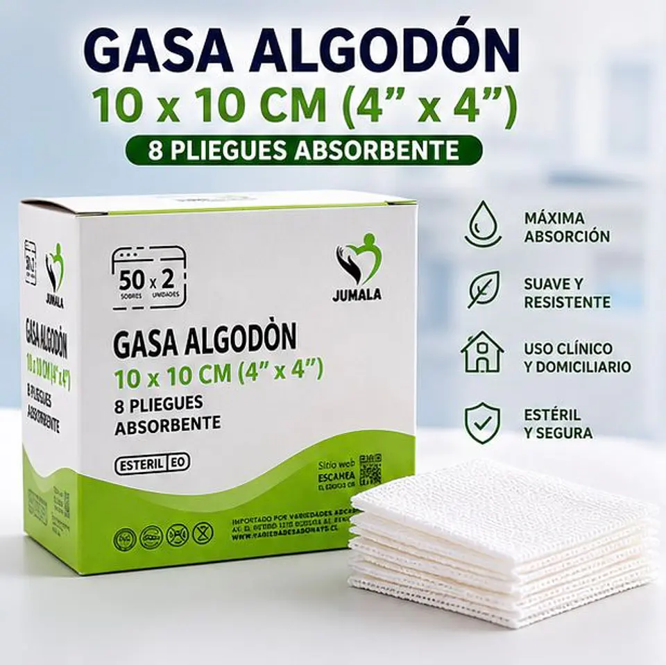 Gasa de Algodón Estéril 10 x 10 cm 8 Pliegues Jumala – Embalaje 1.000 Unidades (20 Cajas x 50 Sobres) 1
