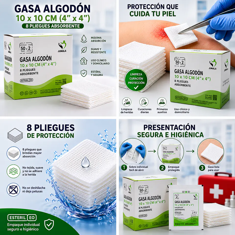 Gasa de Algodón Estéril 10 x 10 cm 8 Pliegues Jumala – Embalaje 1.000 Unidades (20 Cajas x 50 Sobres) 5