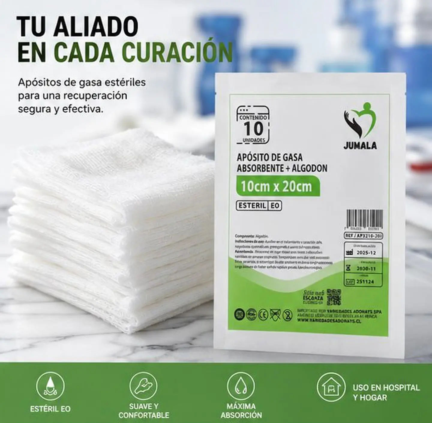 Aposito Gasa + Algodón Esteril 10x20 Jumala – Embalaje 300 Unidades (30 Paquetes x 10 Sobres) 4