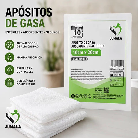 Aposito Gasa + Algodón Esteril 10x20 Jumala – Embalaje 300 Unidades (30 Paquetes x 10 Sobres)