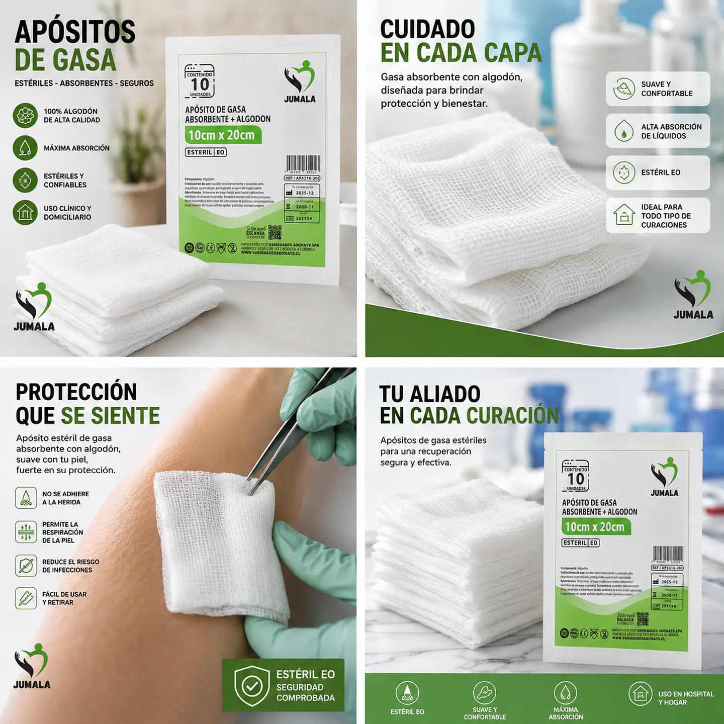 Aposito Gasa + Algodón Esteril 10x20 Jumala – Embalaje 300 Unidades (30 Paquetes x 10 Sobres) 5
