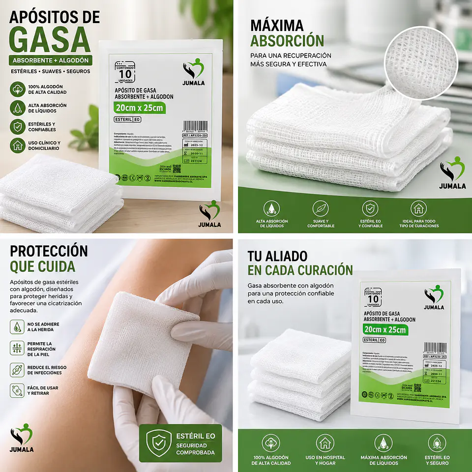 Aposito Gasa + Algodón Esteril 20x25 Jumala – Embalaje 300 Unidades (30 Paquetes x 10 Sobres) 5