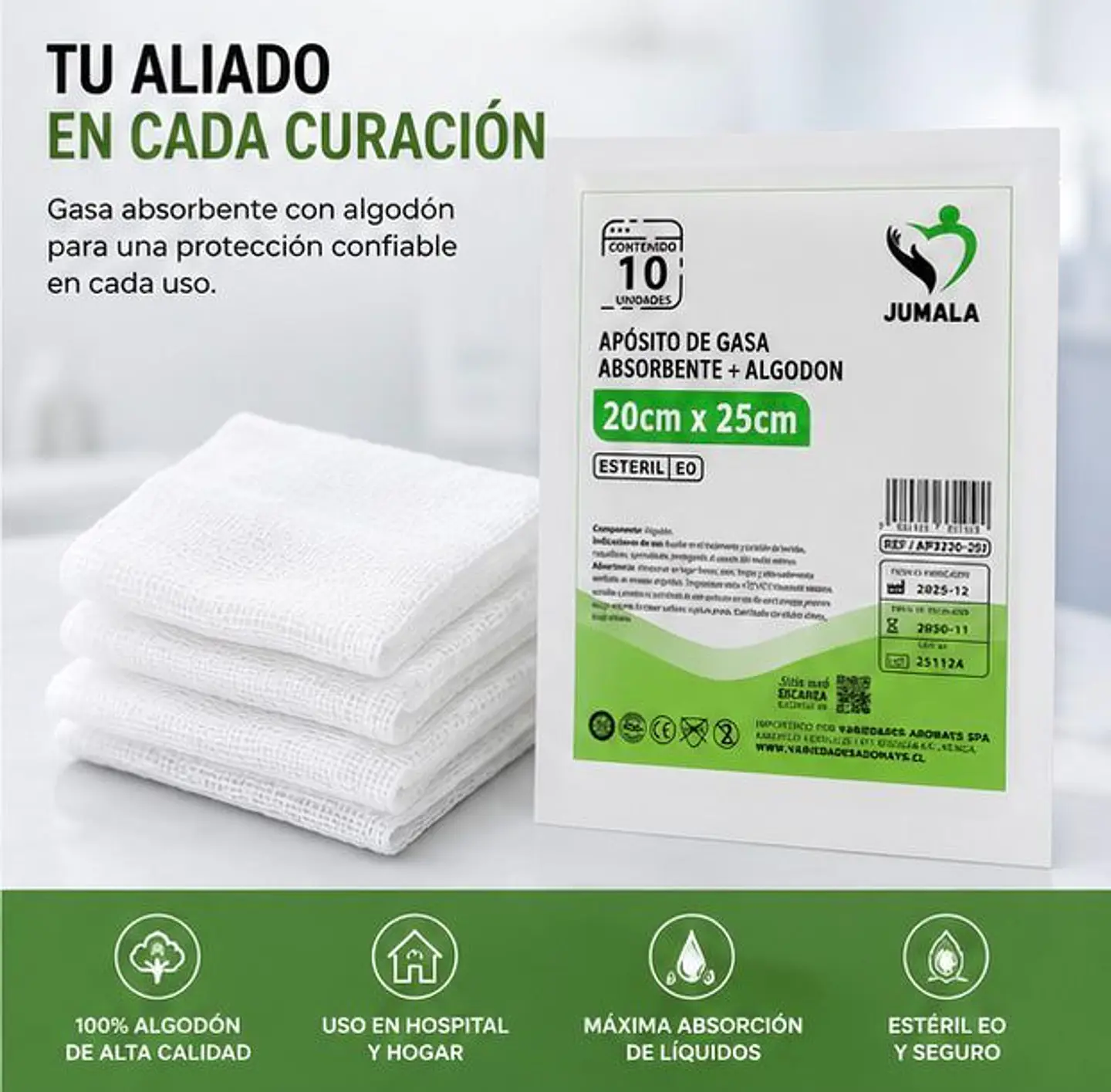 Aposito Gasa + Algodón Esteril 20x25 Jumala – Embalaje 300 Unidades (30 Paquetes x 10 Sobres) 4