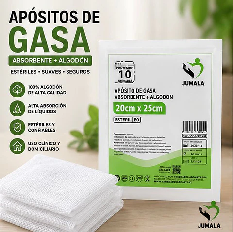 Aposito Gasa + Algodón Esteril 20x25 Jumala – Embalaje 300 Unidades (30 Paquetes x 10 Sobres)