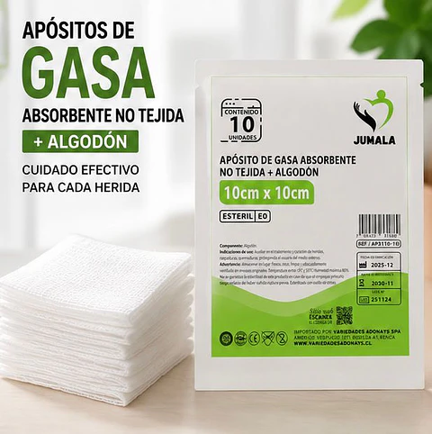 Apósito De Gasa Estéril 10x10 No Tejida Jumala – Embalaje 900 Unidades (90 Paquetes x 10 Sobres)