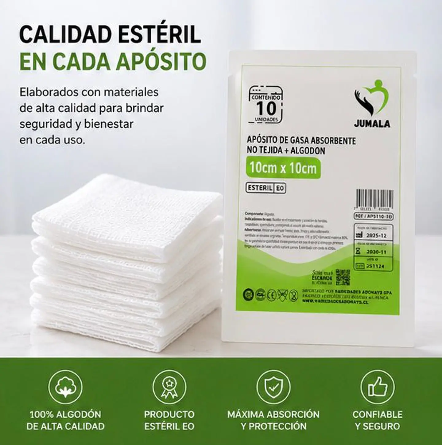 Apósito De Gasa Estéril 10x10 No Tejida Jumala – Embalaje 900 Unidades (90 Paquetes x 10 Sobres) 4