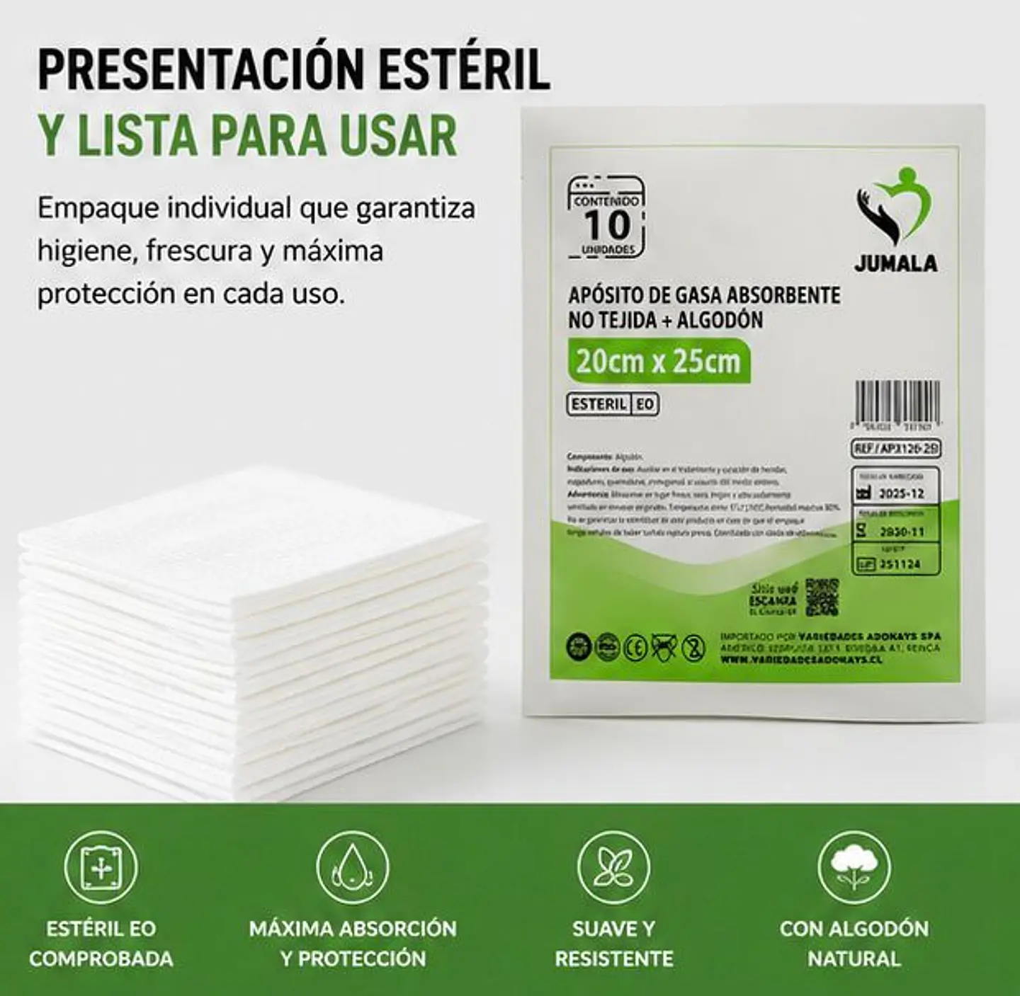 Apósito De Gasa Estéril 20x25 No Tejida Jumala – Embalaje 160 Unidades (16 Paquetes x 10 Sobres) 4