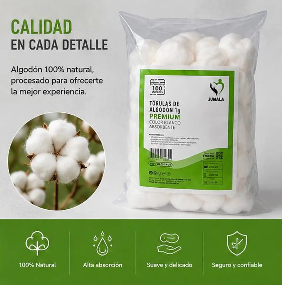 Tórulas de Algodón Premium 1 g Jumala – Embalaje 10.000 Unidades (100 Paquetes x 100 Unidades) 6