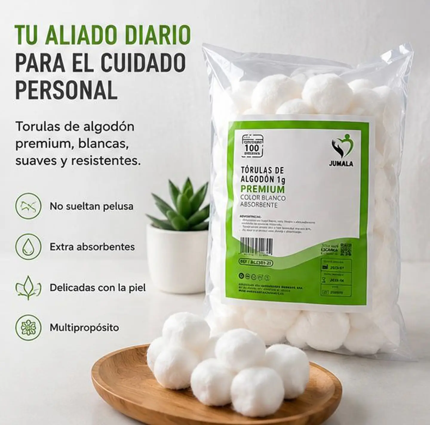 Tórulas de Algodón Premium 1 g Jumala – Embalaje 10.000 Unidades (100 Paquetes x 100 Unidades) 3