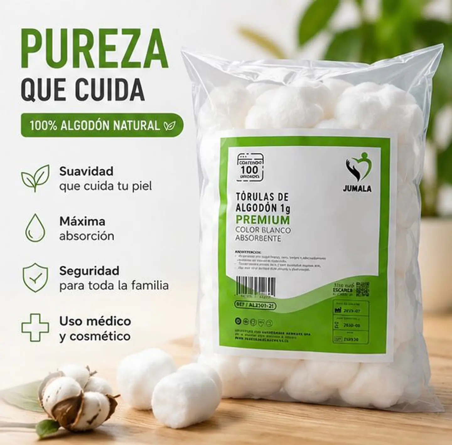 Tórulas de Algodón Premium 1 g Jumala – Embalaje 10.000 Unidades (100 Paquetes x 100 Unidades) 2