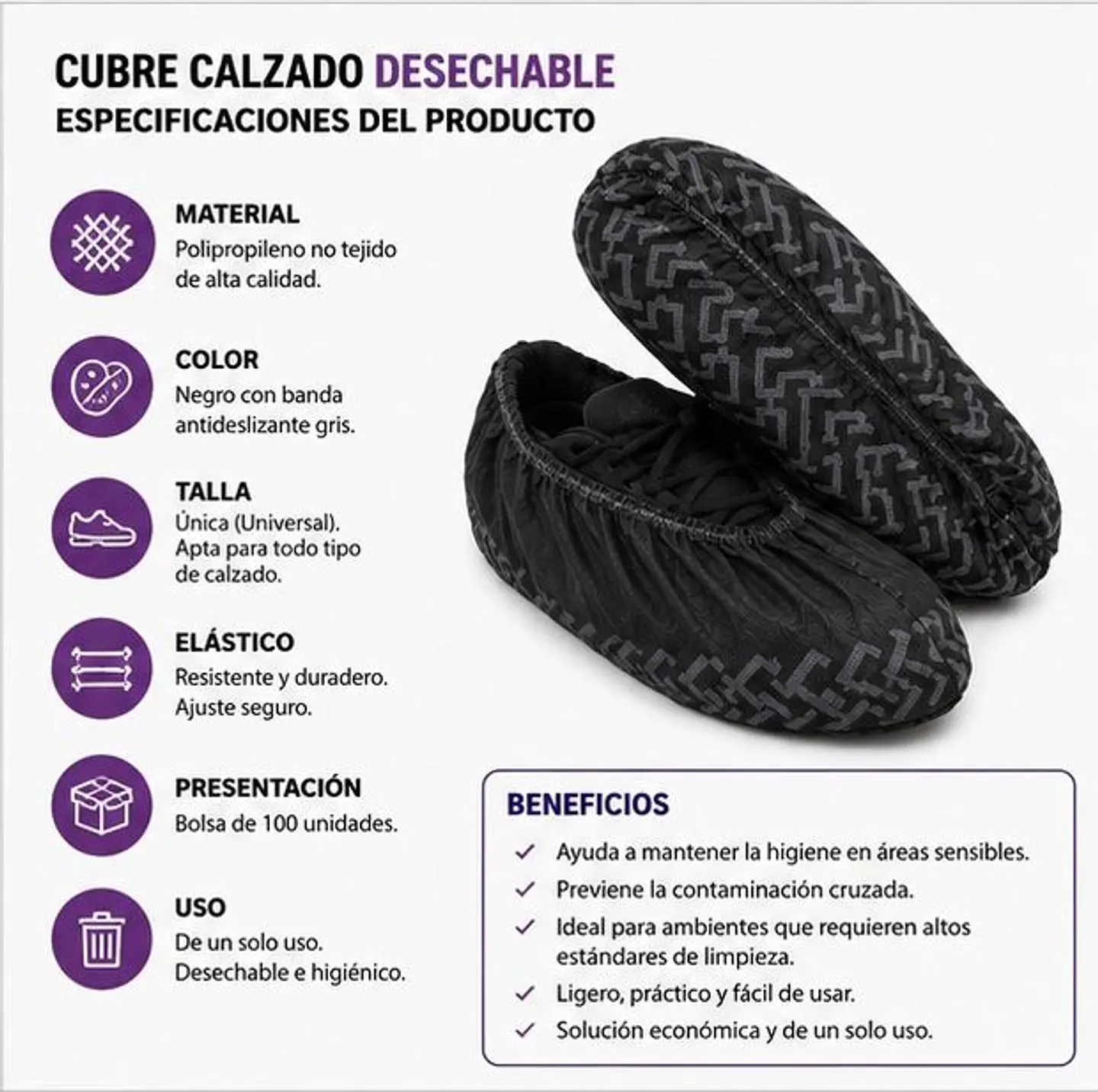 Cubre Calzado Desechable Color Negro Con Antideslizante – Embalaje 1.000 Unidades (10 Paquetes x 100 Unidades) 3