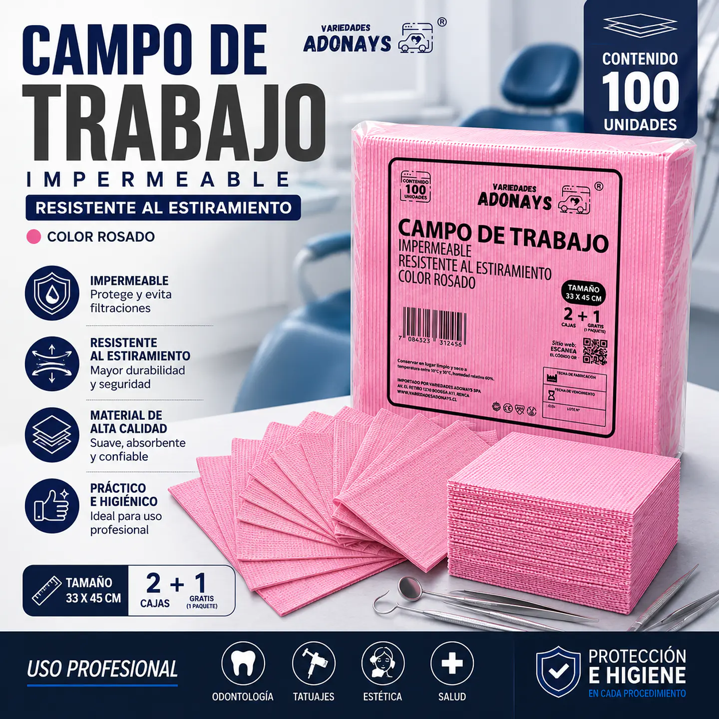 Campo Desechable Color Rosado – Embalaje 500 Unidades (5 Paquetes x 100 Unidades) 1